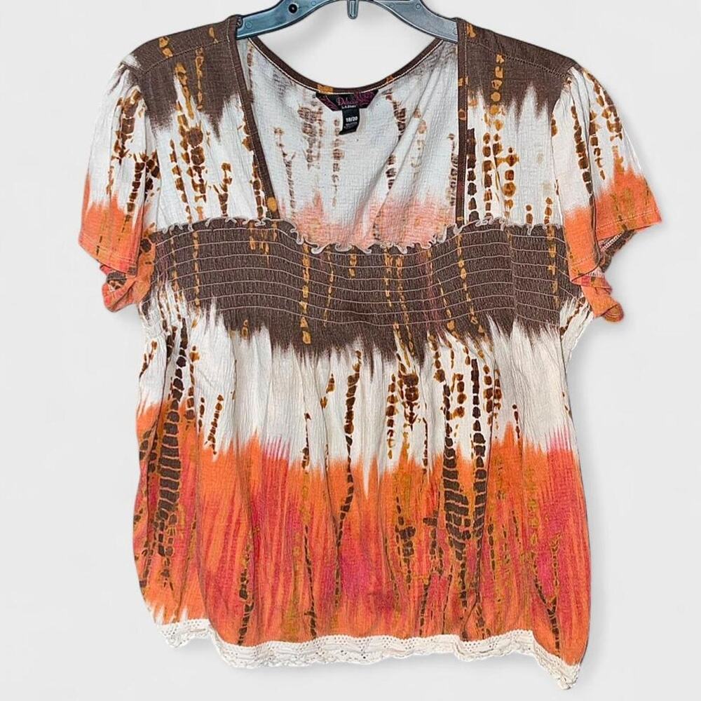 Deluxe L.A. Blues Brown Orange Tie Dye Smocked Short Sleeve Top - Size 18/20